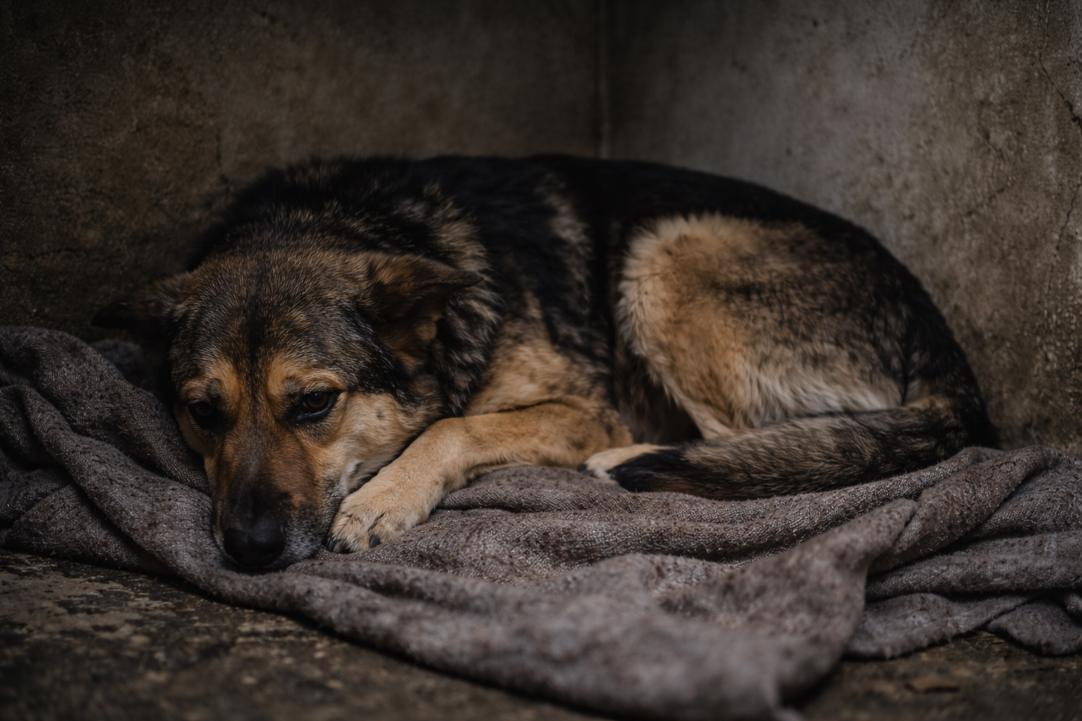 Doggylike Angsthund im Dämmerlicht liegt regungslos auf der Decke