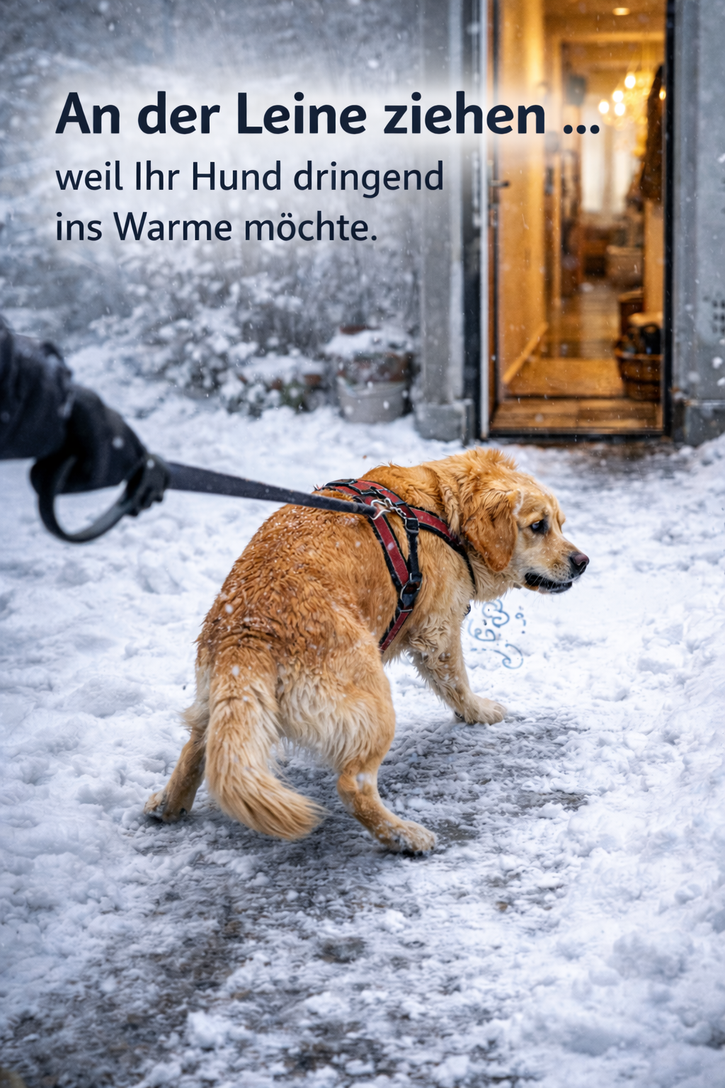 Hund zieht bei Kälte an der Leine weil er nach Hause ins Warme will