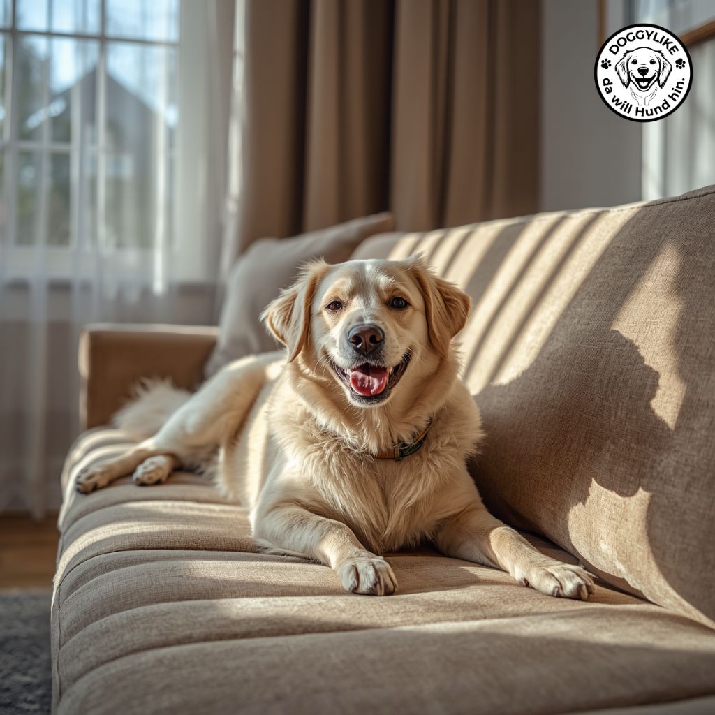 Entspannter Hund daheim weil er bei Hitze drinnen entspannen darf