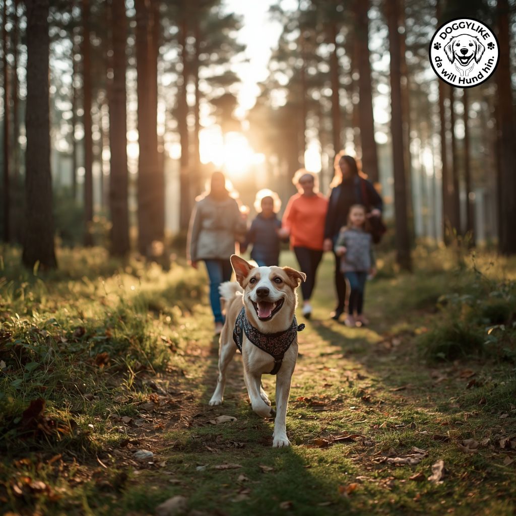 Entspannter Waldspaziergang am Morgen mit der ganzen Familie